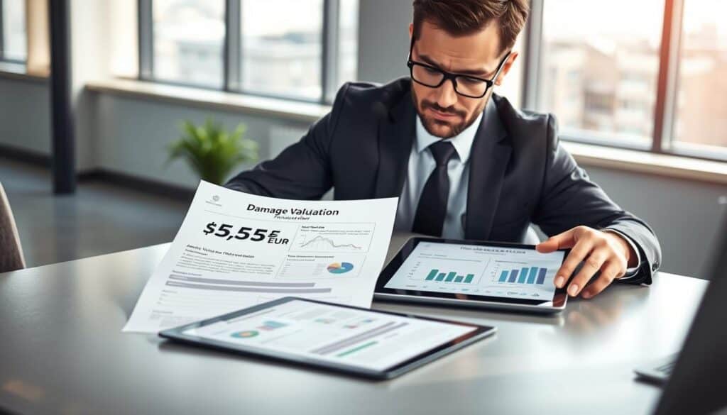 A detailed scene illustrating the concept of damage valuation in insurance. In the foreground, a professional financial analyst in business attire carefully examines two contrasting insurance reports on a sleek desk, emphasizing the different figures: 5,555 EUR and 9,800 EUR. The middle ground shows a digital tablet displaying charts and graphs comparing the two valuations, while a modern office with large windows forms the background, allowing natural light to illuminate the space. The atmosphere is serious yet hopeful, conveying the importance of accurate valuation in financial decision-making. Soft shadows enhance depth, and a neutral color palette keeps the focus on the reports and analyst's expression of concentration and thoughtfulness.