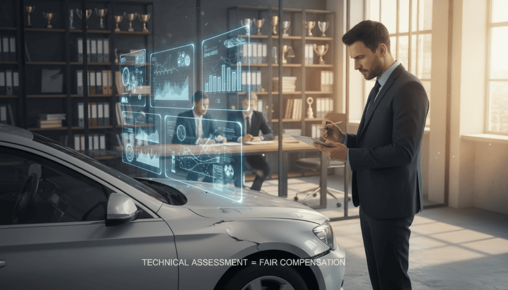 A detailed scene illustrating the influence of technical expertise on insurance compensation. In the foreground, a professional-looking technical expert in a smart business suit is examining a damaged vehicle, using a tablet to analyze data. The middle ground features a clear view of the vehicle, showcasing visible damage such as scratches and dents, with technical drawings and charts holographically hovering above it. In the background, an office setting can be seen, with shelves filled with reference materials and awards, under soft, warm lighting that creates a serious yet hopeful atmosphere. The angle is slightly elevated for a comprehensive view, conveying the importance of technical assessments in determining compensation outcomes.