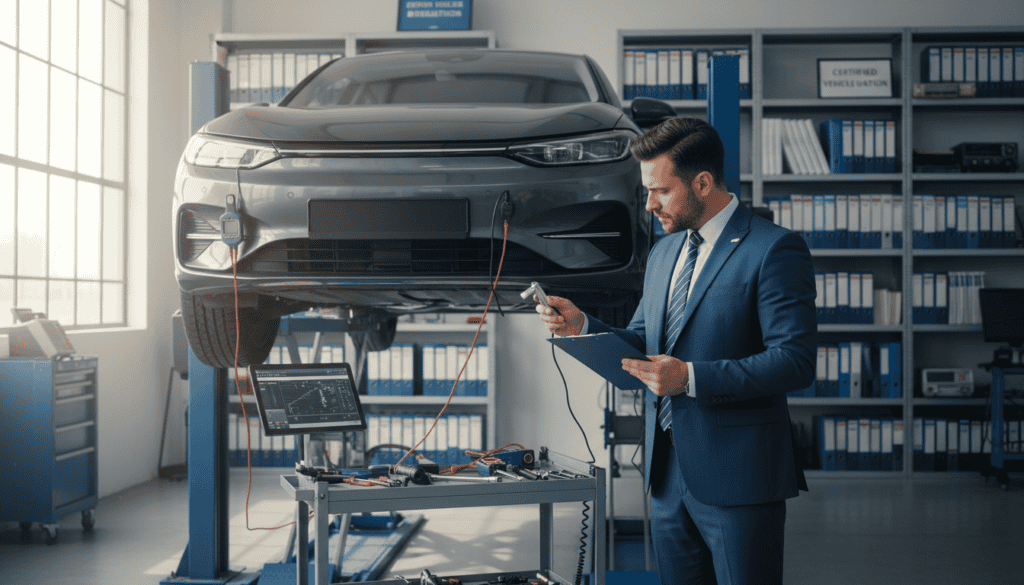 A detailed scene showcasing a vehicle appraisal process. In the foreground, a professional appraiser in smart business attire examines a car with a clipboard in hand, portraying concentration and expertise. In the middle ground, a sleek, modern vehicle stands on a lift, surrounded by various tools and technical equipment representing a thorough assessment. Bright, natural lighting floods the workshop, enhancing the atmosphere of diligence and professionalism. In the background, shelves stocked with automotive manuals and diagnostic devices suggest a dedicated space for vehicle evaluation. The overall mood is one of trust and attention to detail, emphasizing the personalized service provided to clients in the appraisal process.