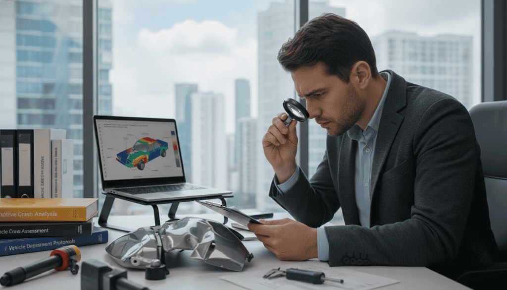 A detailed technical analysis scene depicting a skilled engineer assessing vehicle damages in an office environment. In the foreground, the engineer, wearing professional attire, is examining a damaged car part with a magnifying glass and taking notes on a clipboard. The middle ground features an organized desk with tools, technical manuals, and a laptop displaying software for damage assessment. In the background, a large window offers natural light, revealing a cityscape. The atmosphere is focused and professional, with a clear emphasis on precision and expertise. Soft, diffused lighting enhances details, and the camera angle captures both the engineer's concentration and the cluttered workspace around them, highlighting the importance of thorough examination in independent technical expertise. A detailed technical analysis scene depicting a skilled engineer assessing vehicle damages in an office environment. In the foreground, the engineer, wearing professional attire, is examining a damaged car part with a magnifying glass and taking notes on a clipboard. The middle ground features an organized desk with tools, technical manuals, and a laptop displaying software for damage assessment. In the background, a large window offers natural light, revealing a cityscape. The atmosphere is focused and professional, with a clear emphasis on precision and expertise. Soft, diffused lighting enhances details, and the camera angle captures both the engineer's concentration and the cluttered workspace around them, highlighting the importance of thorough examination in independent technical expertise.