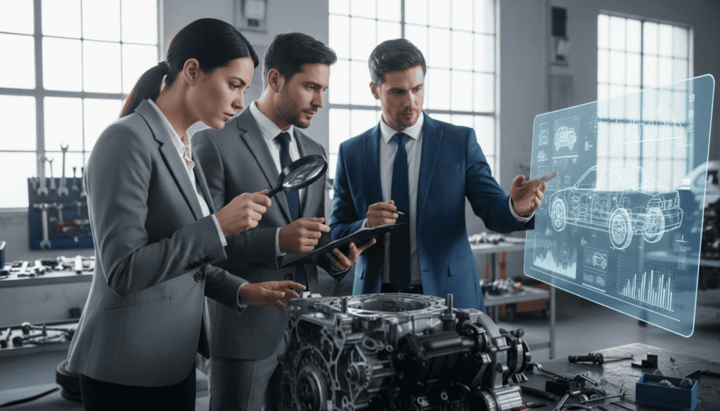 A detailed technical analysis scene depicting a team of three professionals in business attire, carefully examining intricate automotive components in a well-lit workshop. In the foreground, a woman is closely inspecting a car engine using a magnifying glass. In the middle ground, a man is taking notes on a clipboard, looking thoughtful, while a second man gestures towards a digital display showing technical diagrams of the vehicle. In the background, tools and machinery are organized on shelves, and large windows let in natural light, casting a bright, productive atmosphere. The focus is sharp on the professionals, capturing the seriousness and intensity of their analysis, conveying a mood of diligence and expertise in technical assessment related to automotive claims.