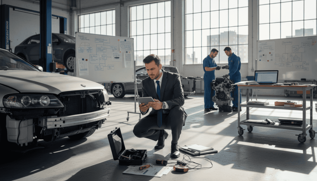 A detailed technical expertise procedure scene in an automotive setting. In the foreground, a professional engineer in business attire examines a damaged vehicle using a tablet and measuring tools, showcasing a focused expression. In the middle ground, a well-lit workshop with automotive equipment, diagrams, and paperwork scattered around, highlighting the analytical process involved in technical assessments. The background features large windows allowing natural light to flood the space, casting soft shadows for a realistic atmosphere. The mood is serious yet constructive, representing a thorough investigation phase. The image is captured with a 35mm lens, emphasizing depth and clarity, ensuring all elements are in sharp focus, conveying professionalism and expertise in the automotive industry.