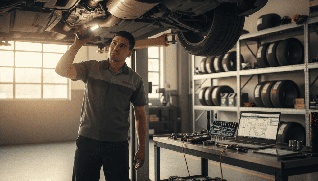 A detailed technical inspection of a car in a well-lit, modern garage setting. In the foreground, a mechanic in a professional attire is examining the vehicle's undercarriage using a flashlight, highlighting the vehicle's components. In the middle, tools and diagnostic equipment are neatly arranged on a workbench, with an open laptop displaying diagnostic software. The background features a clean and organized garage environment, with shelves filled with auto parts and safety gear. Soft, natural lighting filters through a nearby window, casting warm tones over the scene to create an atmosphere of professionalism and expertise. The focus is on the meticulous attention to detail in the inspection process, emphasizing the importance of technical evaluation in vehicle assessments.