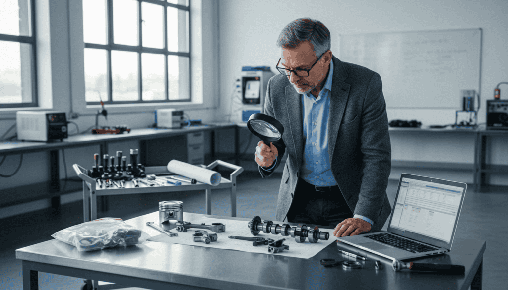 A detailed technical investigation scene, showcasing a professional setting where an independent technical expert conducts an assessment. In the foreground, a middle-aged engineer in professional attire examines car parts spread across a clean table, using a magnifying glass and laptop. The expert appears focused and methodical, embodying expertise and reliability. In the middle ground, tools and equipment such as calipers and schematics are neatly arranged, emphasizing the precision of the evaluation. The background features a modern, well-lit workshop with soft, diffused lighting that creates an atmosphere of professionalism and diligence. The overall mood is serious and dedicated, capturing the essence of conducting an independent technical assessment, reflecting the importance of expertise in decision-making processes.
