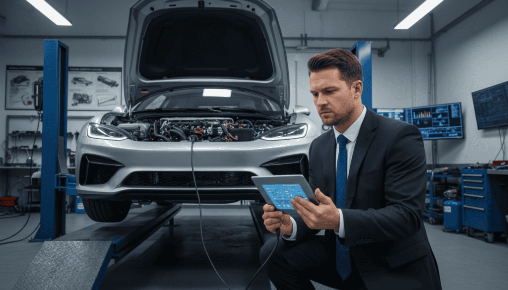 A detailed technical vehicle inspection scene focused on an automotive expert examining a car's engine and chassis. The foreground features the expert, dressed in professional business attire, using diagnostic tools, displaying focus and concentration. In the middle ground, a sleek, modern vehicle is elevated on a hydraulic lift, with open hoods revealing the intricacies of the machinery. The background includes a workshop setting with various automotive tools, diagnostic screens, and posters outlining vehicle specifications. Soft, overhead lighting illuminates the scene, creating a professional atmosphere, while a slight depth of field gives focus to the expert and vehicle details. The overall mood is analytical and determined, emphasizing the importance of technical assessment in the insurance claims process.
