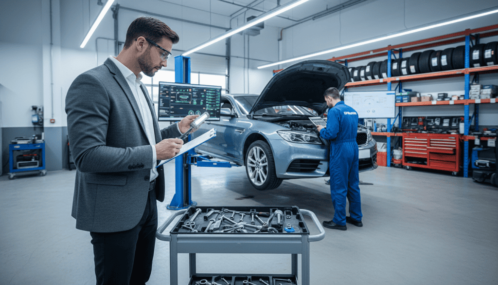 A detailed technical vehicle inspection scene set in a modern garage. In the foreground, a professional inspector in business attire, holding a clipboard and examining the undercarriage of a car on a hydraulic lift, showcasing precision tools and equipment around. In the middle ground, a mechanic carefully analyzing the engine, while diagnostic screens display data, reflecting a busy, organized workshop. The background includes shelves stocked with tools and automotive parts, illuminated by bright overhead lights that create a crisp, sterile atmosphere. The angle is slightly tilted, adding dynamism to the setting, emphasizing focus and expertise. The overall mood is one of professionalism, diligence, and technical accuracy, fitting for a discussion about common errors in vehicle assessments.