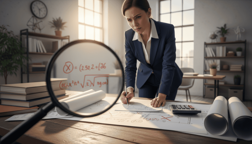 A detailed technical workspace with a focus on the common mistakes in technical expertise evaluations. In the foreground, there is a large magnifying glass highlighting incorrect calculations in a report laid out on a desk. Scattered around are various technical documents, a calculator, and a few blueprints featuring red marks indicating errors. In the middle ground, a professional in business attire is analyzing the documents, looking concerned and focused. The background features a softly blurred office space with a warm, inviting atmosphere, enhanced by natural light coming through a large window. The lighting is soft, creating thoughtful shadows, while the overall mood is serious and reflective, capturing the essence of scrutiny and improvement in technical assessments. A detailed technical workspace with a focus on the common mistakes in technical expertise evaluations. In the foreground, there is a large magnifying glass highlighting incorrect calculations in a report laid out on a desk. Scattered around are various technical documents, a calculator, and a few blueprints featuring red marks indicating errors. In the middle ground, a professional in business attire is analyzing the documents, looking concerned and focused. The background features a softly blurred office space with a warm, inviting atmosphere, enhanced by natural light coming through a large window. The lighting is soft, creating thoughtful shadows, while the overall mood is serious and reflective, capturing the essence of scrutiny and improvement in technical assessments.