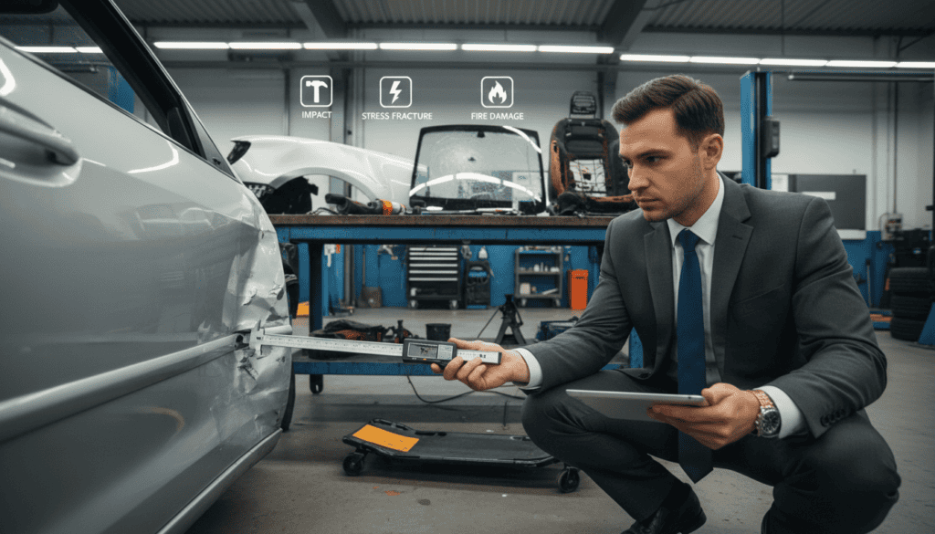 A detailed visual representation of "material damage" in the context of vehicle assessment. In the foreground, a professional automotive expert, dressed in smart business attire, closely inspects a damaged car's bodywork, using a measuring tool. The middle ground features a variety of damaged vehicle components, such as a dented fender, cracked windshield, and scorched interior, each labeled with subtle icons indicating different types of damages. In the background, a workshop environment with tools and equipment, illuminated by soft, even lighting to enhance visibility. The atmosphere is serious and technical, reflecting the meticulous nature of damage assessment and evaluation. The composition should be framed with a slight low-angle perspective for a dynamic view.