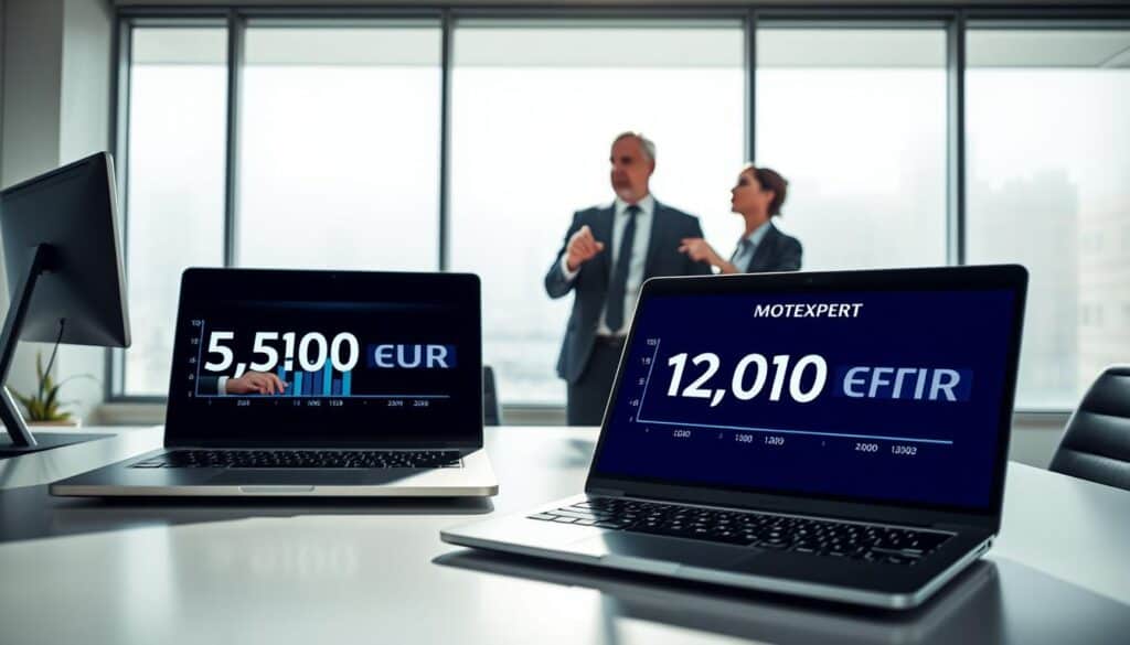 A dynamic visual comparison scene featuring two contrasting insurance valuation scenarios. In the foreground, a sleek modern office desk with a laptop displaying a financial comparison graph, showcasing the figures of the insurer at 5,300 EUR on one screen and MOTOEXPERT at 12,000 EUR on another. In the middle ground, two professionals dressed in smart business attire are engaged in a discussion, pointing at the screens with focused expressions. The background features a large window with soft, natural daylight pouring in, creating a bright and professional atmosphere. The angle is slightly elevated, providing a clear view of both the desk and the professionals, emphasizing a mood of analysis and decision-making. No text or branding included.