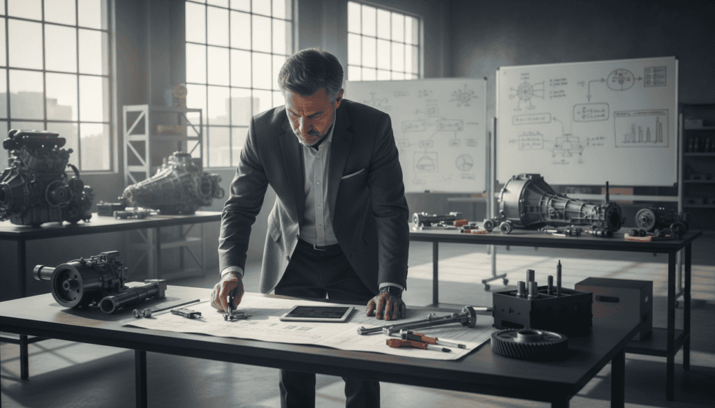 A focused and professional scene depicting an independent technical expert analyzing a complex mechanical device, such as an engine or transmission. In the foreground, the expert, a middle-aged individual in smart business attire, is examining blueprints spread out on a table, with tools like calipers and digital measuring devices nearby. The middle ground showcases a cluttered workshop environment filled with engineering diagrams, mock-ups, and a wall of tools, hinting at a busy and analytical atmosphere. The background features large windows allowing natural light to flood the room, casting soft shadows that enhance the depth of the space. The mood is serious and investigative, emphasizing the importance of unbiased technical evaluation in financial matters.