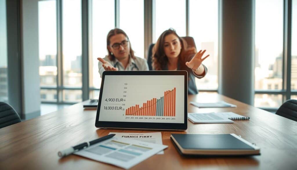 A focused business meeting scene in a bright, modern office space, showcasing a professional man and woman, both dressed in business attire, discussing a financial report. The foreground captures the two professionals, gesturing towards an open laptop displaying a graph comparing valuation figures—4,900 EUR vs. 10,200 EUR. In the middle ground, a sleek wooden conference table is cluttered with financial documents and a stylish notepad. The background features large windows with natural light pouring in, highlighting a city skyline. The atmosphere is serious yet optimistic, emphasizing the importance of making informed financial decisions. The image is captured with a wide-angle lens, soft focus, and warm lighting to create an inviting, professional mood. A focused business meeting scene in a bright, modern office space, showcasing a professional man and woman, both dressed in business attire, discussing a financial report. The foreground captures the two professionals, gesturing towards an open laptop displaying a graph comparing valuation figures—4,900 EUR vs. 10,200 EUR. In the middle ground, a sleek wooden conference table is cluttered with financial documents and a stylish notepad. The background features large windows with natural light pouring in, highlighting a city skyline. The atmosphere is serious yet optimistic, emphasizing the importance of making informed financial decisions. The image is captured with a wide-angle lens, soft focus, and warm lighting to create an inviting, professional mood.