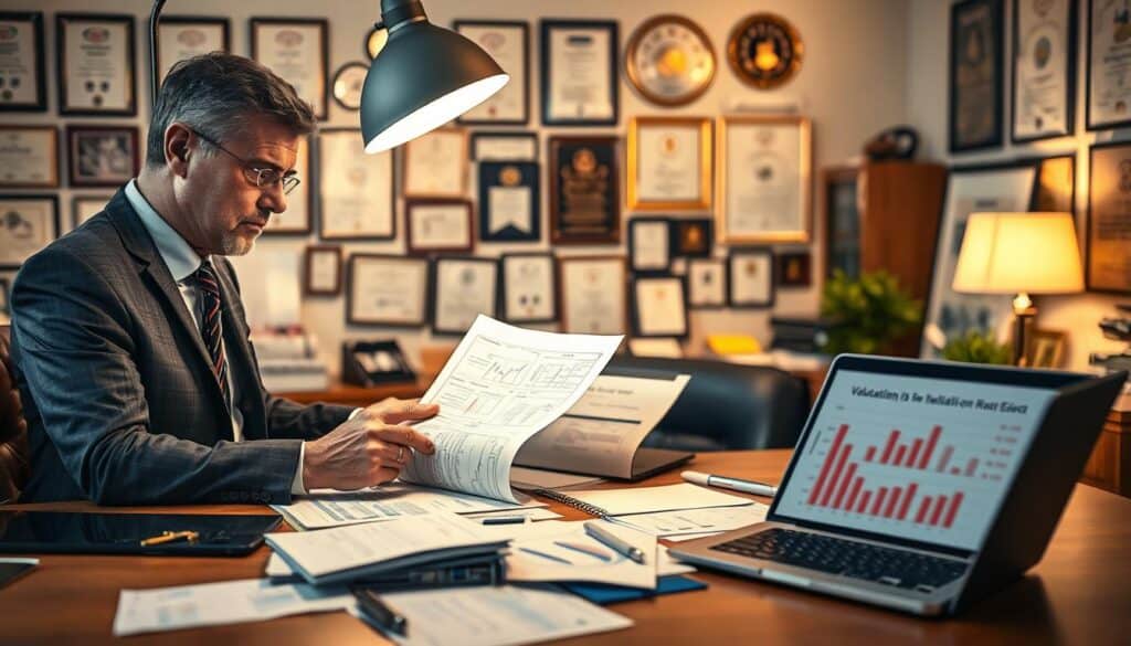 A focused, professional setting showcasing an insurance adjuster at work, surrounded by documents and tools related to vehicle valuation. In the foreground, a well-dressed insurance expert, a middle-aged Caucasian man in a suit, examines a detailed report under a bright desk lamp. The middle ground features a large wooden desk cluttered with valuation charts, a laptop displaying graphs, and an open laptop showing comparison figures. In the background, softly blurred, an office filled with certificates and awards that indicate expertise and professionalism. The atmosphere should convey a sense of diligence and careful analysis, with warm lighting that creates an inviting yet focused mood. Shot from a slightly elevated angle to emphasize both the expert and the surrounding materials. A focused, professional setting showcasing an insurance adjuster at work, surrounded by documents and tools related to vehicle valuation. In the foreground, a well-dressed insurance expert, a middle-aged Caucasian man in a suit, examines a detailed report under a bright desk lamp. The middle ground features a large wooden desk cluttered with valuation charts, a laptop displaying graphs, and an open laptop showing comparison figures. In the background, softly blurred, an office filled with certificates and awards that indicate expertise and professionalism. The atmosphere should convey a sense of diligence and careful analysis, with warm lighting that creates an inviting yet focused mood. Shot from a slightly elevated angle to emphasize both the expert and the surrounding materials.