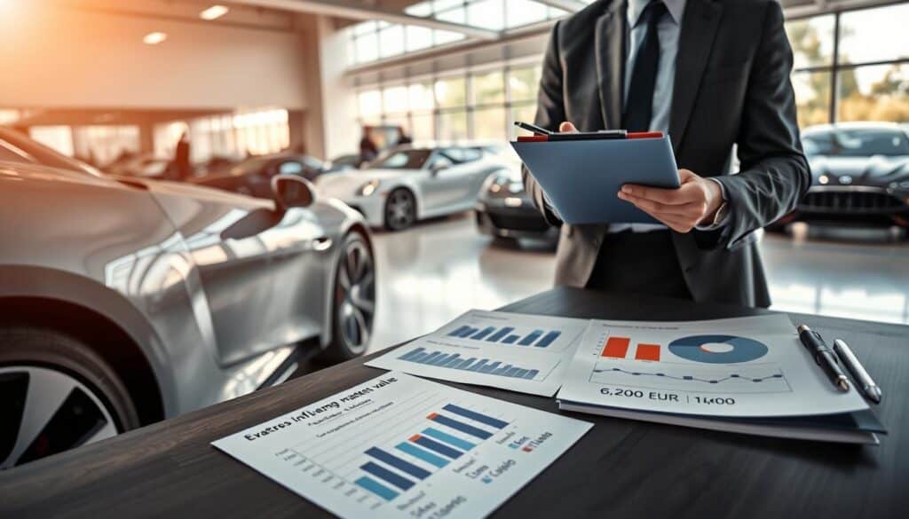 A highly detailed digital artwork depicting the evaluation of a vehicle. In the foreground, a professional in business attire examines a sleek, modern car with a clipboard and pen, showcasing factors influencing market value. In the middle ground, a table filled with charts and analytical reports displaying comparative values, with emphasis on two distinct amounts: 6,200 EUR and 11,400 EUR, subtly highlighted. The background features a softly lit automotive showroom, with luxurious cars on display, and large windows letting in natural light. The atmosphere conveys professionalism and analytical thought, with a slight sense of urgency, as if important decisions depend on the analysis taking place. The composition is framed from a low angle to bring intensity to the scene, emphasizing the importance of accurate vehicle valuation.