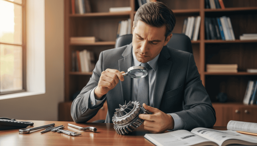 A knowledgeable technical expert in a modern office environment, wearing professional business attire, examines an intricately detailed automotive component on a well-organized desk. The foreground features the expert's focused expression as they analyze the part with a magnifying glass, conveying deep concentration. In the middle ground, various tools and technical manuals related to automobile engineering are neatly arranged on the desk. The background showcases a soft-lit office filled with shelves of reference books, adding an academic atmosphere. Natural light streams through a large window, highlighting the expert's thoroughness and dedication. The image should evoke a sense of expertise and professionalism, reflecting the importance of experience in technical evaluations. The angle should be slightly above eye level, offering a clear view of the expert's engagement with their work.