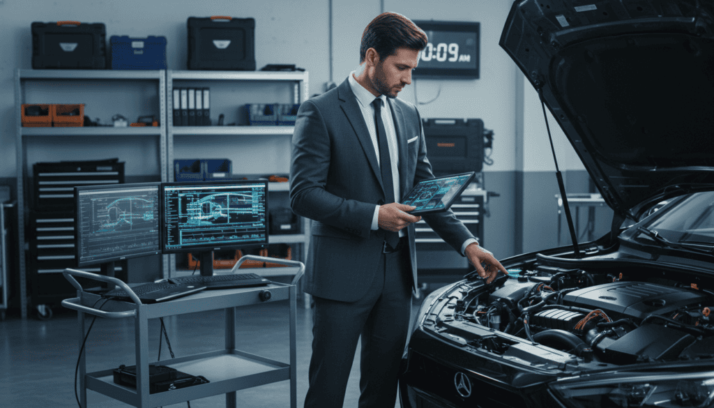 A modern automotive workshop scene, showcasing a professional technician analyzing a vehicle's technical aspects. In the foreground, a focused technician in a well-fitted business attire is examining a vehicle with advanced diagnostic tools, surrounded by high-tech equipment such as screens displaying analytical data. The middle features a partially disassembled car, emphasizing components like the engine and electronic systems, under bright, focused studio lighting to highlight details. In the background, blurred shelves filled with tools and manuals create an organized and professional atmosphere. The mood is serious and technical, conveying expertise and attention to detail, ideal for illustrating advanced vehicle assessments in a contemporary setting. A modern automotive workshop scene, showcasing a professional technician analyzing a vehicle's technical aspects. In the foreground, a focused technician in a well-fitted business attire is examining a vehicle with advanced diagnostic tools, surrounded by high-tech equipment such as screens displaying analytical data. The middle features a partially disassembled car, emphasizing components like the engine and electronic systems, under bright, focused studio lighting to highlight details. In the background, blurred shelves filled with tools and manuals create an organized and professional atmosphere. The mood is serious and technical, conveying expertise and attention to detail, ideal for illustrating advanced vehicle assessments in a contemporary setting.