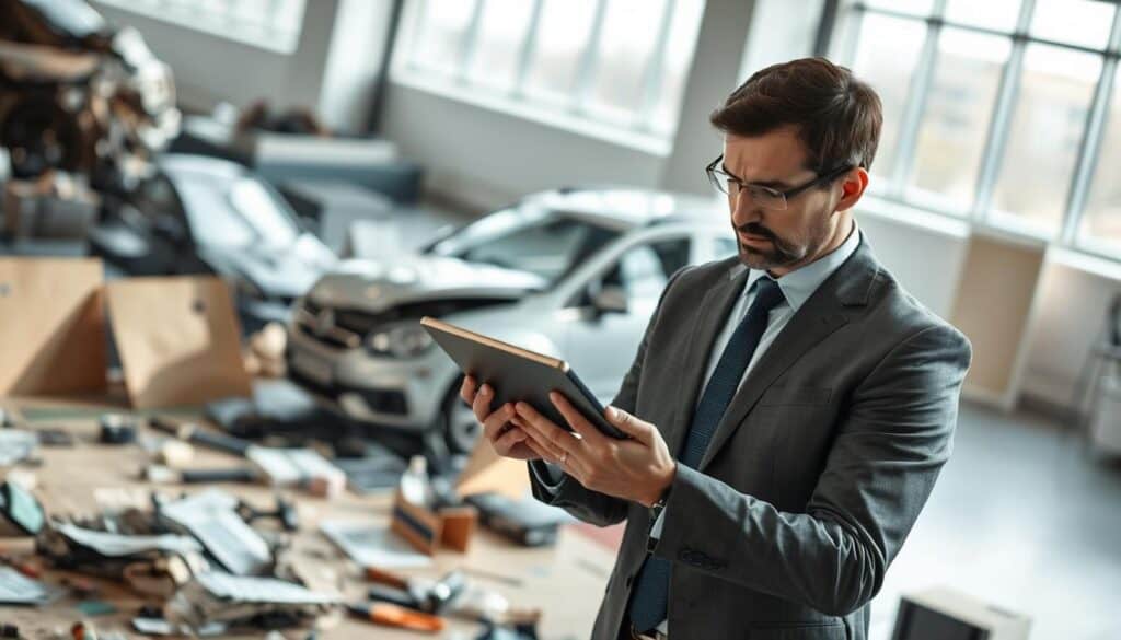 A modern office environment depicting a professional insurance adjuster examining damaged property. In the foreground, a focused and diligent individual in business attire is analyzing a digital tablet displaying detailed charts and images of damage assessment. The middle ground features various elements related to property and vehicle damage, such as crumpled metal, broken glass, and a soft focus on inspection tools. In the background, large windows let in natural light, illuminating the workspace, creating an atmosphere of technological advancement and efficiency. The overall mood is serious and professional, emphasizing the role of technology in accurate damage assessment, with a bright yet muted color palette.