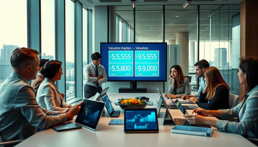 A modern office environment showcases the role of technology in insurance valuation. In the foreground, a diverse group of professionals in business attire collaborate around a sleek table filled with digital devices displaying charts and graphs. The middle ground features a large digital screen illustrating the differences in valuation figures, with the tags "5,555 EUR" and "9,800 EUR" highlighted. In the background, large windows reveal a cityscape, signifying a dynamic business atmosphere. Soft, natural lighting filters through the glass, creating a warm yet focused ambiance. The camera angle is slightly above eye level, providing a comprehensive view of the interaction. The mood is one of collaboration, innovation, and analytical thinking, capturing the essence of technology's impact on the valuation process.