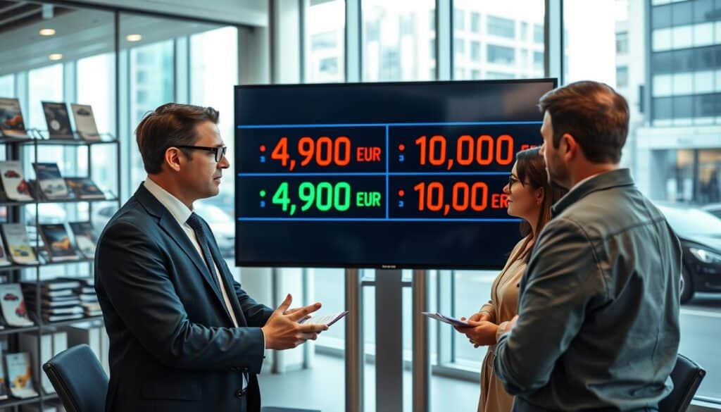 A modern office environment showcasing a professional insurance consultation. In the foreground, a confident insurance agent in a smart business suit is explaining vehicle insurance options to a couple, who are attentively listening. The middle section features a large digital screen displaying two contrasting car insurance quotes, with one in bold red letters at 4,900 EUR and the other in bright green at 10,200 EUR. The background includes shelves filled with car brochures and a view of a busy city street through large glass windows, bathed in natural light. The atmosphere is focused and professional, emphasizing trust and clarity in the insurance evaluation process. Use a wide-angle lens for a spacious feel, ensuring a bright and inviting setting.