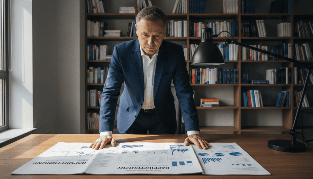 A modern office setting showcasing a detailed "raport techniczny" on a sleek wooden desk, with technical diagrams, graphs, and charts prominently displayed. In the foreground, a middle-aged professional in business attire examines the document with a thoughtful expression. The middle layer features focused lighting highlighting the report’s intricate details, while the background reveals shelves filled with books and technical manuals, adding depth. Soft daylight filters in through a large window, casting gentle shadows and creating a calm, focused atmosphere. The scene conveys professionalism and diligence, emphasizing the importance of accuracy in technical assessments. A modern office setting showcasing a detailed "raport techniczny" on a sleek wooden desk, with technical diagrams, graphs, and charts prominently displayed. In the foreground, a middle-aged professional in business attire examines the document with a thoughtful expression. The middle layer features focused lighting highlighting the report’s intricate details, while the background reveals shelves filled with books and technical manuals, adding depth. Soft daylight filters in through a large window, casting gentle shadows and creating a calm, focused atmosphere. The scene conveys professionalism and diligence, emphasizing the importance of accuracy in technical assessments.