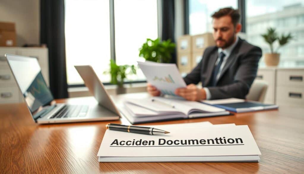 A modern office setting with a focus on accident documentation. In the foreground, a neatly arranged stack of papers labeled "Accident Documentation" on a polished wooden desk. A pen rests on top, next to an open laptop displaying analytical graphs. In the middle ground, a professional-looking individual in business attire examines a document, their expression focused and serious. The background features a large window with natural light streaming in, highlighting the organized workspace with filing cabinets and a plant. The overall mood is one of diligence and professionalism, conveying the importance of thorough documentation in insurance assessments. The lighting is soft yet clear, enhancing the details of the environment.