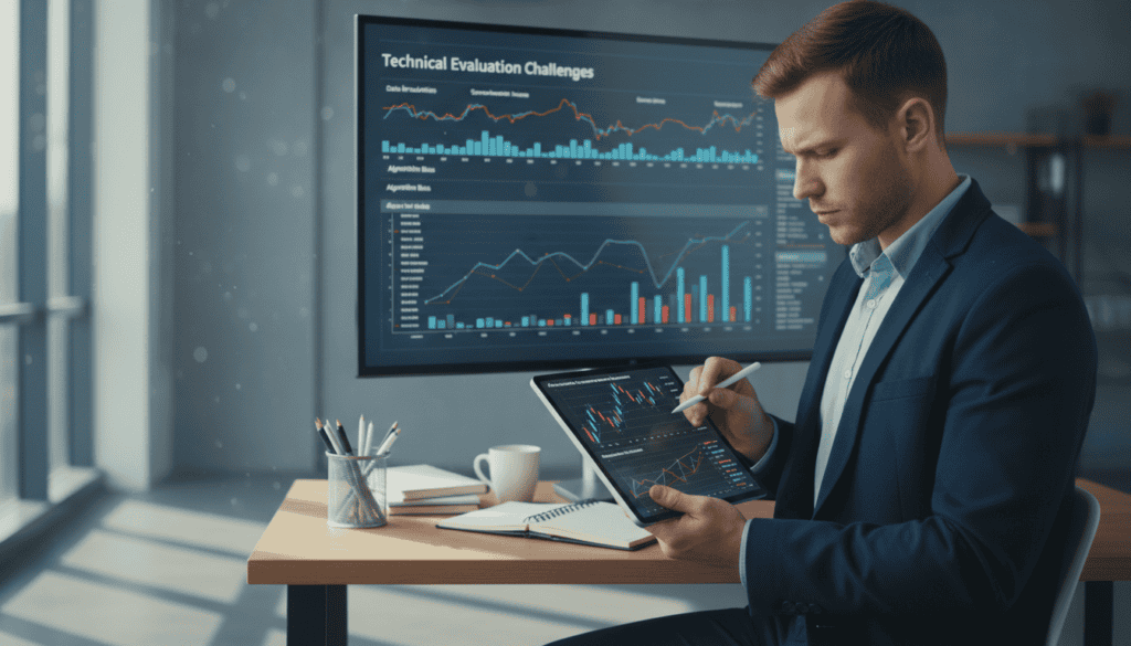 A modern, professional office setting illustrating the theme of technical analysis. In the foreground, a focused financial analyst in smart casual attire studies a digital tablet displaying charts and data patterns related to automobile compensation scenarios. The middle ground features a large screen with graphs and technical metrics, highlighting various challenges encountered during technical evaluations. In the background, office supplies like notepads and pens are neatly arranged on a desk, creating a productive atmosphere. Soft, natural lighting filters through a large window, casting gentle shadows and emphasizing a serene yet analytical mood. The overall color scheme is calm and professional, featuring blues and grays to convey a sense of trust and clarity in the complexity of technical assessments. A modern, professional office setting illustrating the theme of technical analysis. In the foreground, a focused financial analyst in smart casual attire studies a digital tablet displaying charts and data patterns related to automobile compensation scenarios. The middle ground features a large screen with graphs and technical metrics, highlighting various challenges encountered during technical evaluations. In the background, office supplies like notepads and pens are neatly arranged on a desk, creating a productive atmosphere. Soft, natural lighting filters through a large window, casting gentle shadows and emphasizing a serene yet analytical mood. The overall color scheme is calm and professional, featuring blues and grays to convey a sense of trust and clarity in the complexity of technical assessments.