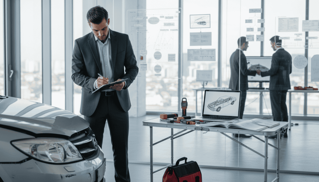 A professional and detailed scene illustrating the concept of damage appraisal ("wycena szkód") in a technical expertise context. In the foreground, a well-dressed expert in business attire is examining a damaged vehicle, taking notes on a clipboard under soft, diffused lighting. The middle ground features tools and equipment associated with vehicle assessment, such as measuring devices and technical manuals spread out on a table. In the background, a brightly lit office space with technical charts and graphs on the walls creates a sense of a professional environment. The overall mood is focused and analytical, conveying the importance of technical expertise in the damage assessment process. The image captures a dynamic moment of evaluation without any text or distractions. A professional and detailed scene illustrating the concept of damage appraisal ("wycena szkód") in a technical expertise context. In the foreground, a well-dressed expert in business attire is examining a damaged vehicle, taking notes on a clipboard under soft, diffused lighting. The middle ground features tools and equipment associated with vehicle assessment, such as measuring devices and technical manuals spread out on a table. In the background, a brightly lit office space with technical charts and graphs on the walls creates a sense of a professional environment. The overall mood is focused and analytical, conveying the importance of technical expertise in the damage assessment process. The image captures a dynamic moment of evaluation without any text or distractions.