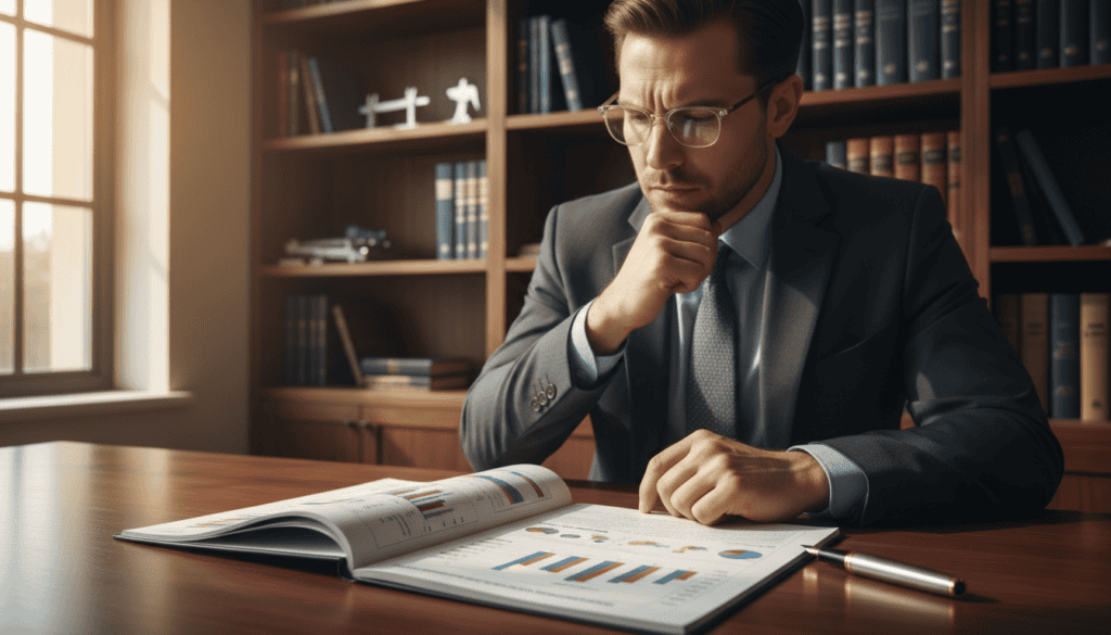 A professional and detailed technical report resting on a sleek wooden desk, with a sophisticated pen poised beside it. In the foreground, focus on a detailed open document featuring charts and diagrams relating to damage assessment, capturing the essence of a technical expertise report. In the middle ground, an engineer in formal business attire is intently analyzing the report, their expression thoughtful and concentrated. The background includes soft-focus shelves lined with technical books and tools used in vehicle assessments, creating an intellectual atmosphere. Natural light streams through a window, casting a warm glow over the scene, enhancing the sense of diligence and professionalism, evoking an atmosphere of trust and expertise in the context of compensation analysis.
