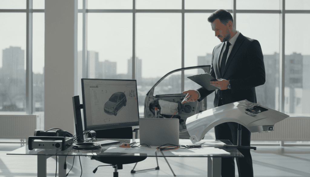 A professional and focused scene depicting a technical expert, known as a rzeczoznawca, meticulously examining a damaged vehicle in an office setting. In the foreground, the expert, dressed in smart business attire, is holding a clipboard and reviewing documents, with a thoughtful expression. In the middle ground, a modern desk cluttered with technical equipment, blueprints, and a laptop is visible, suggesting an environment of detailed analysis. The background features large windows allowing natural light to pour in, creating a bright and inviting atmosphere. The overall mood conveys professionalism and diligence, emphasizing the importance of careful scrutiny in the decision-making process for compensation claims. The image is balanced and well-composed, focusing on the interactions between the expert, the vehicle, and the workspace.