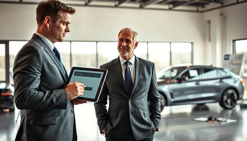 A professional automotive appraisal expert, dressed in a neatly tailored business suit, is examining a car's exterior in a bright, modern office. The foreground features the expert holding a digital tablet displaying vehicle details. In the middle ground, a well-maintained car is parked to the side, showcasing its sleek lines and polished finish, while tools and charts suggesting vehicle value analysis are subtly arranged. The background reveals large windows with natural light pouring in, adding warmth to the professional atmosphere. The overall mood is confident and informative, emphasizing expertise in vehicle valuation. The image should capture a realistic and engaging scene, with vibrant colors and a slightly shallow depth of field to draw attention to the expert and the vehicle.