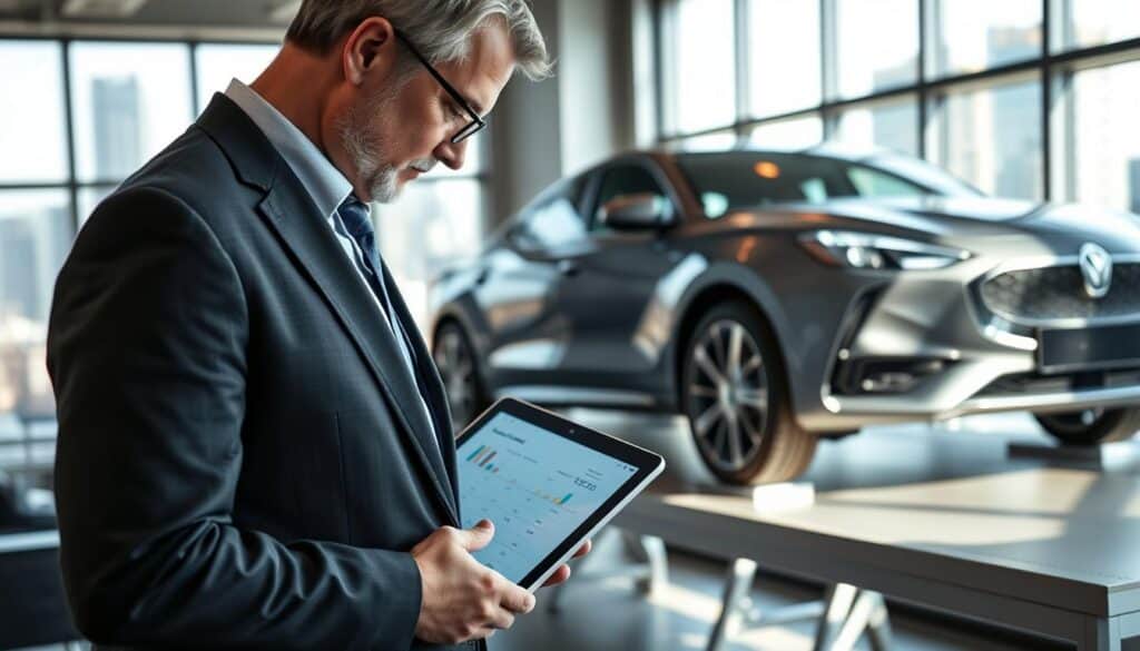 A professional automotive appraiser, depicted in a modern office setting, is intently examining a vehicle's details. In the foreground, the appraiser, a middle-aged man in a smart business suit, holds a digital tablet displaying appraisal data. In the middle, a sleek car—a luxury sedan—sits on a raised platform with bright lighting highlighting its features, emphasizing the appraisal process. In the background, large windows let in natural light, offering a view of a bustling cityscape outside. The atmosphere conveys professionalism and trust, with a focus on meticulous attention to detail in vehicle evaluation. The image is well-composed, capturing the essence of expertise in automotive assessments.