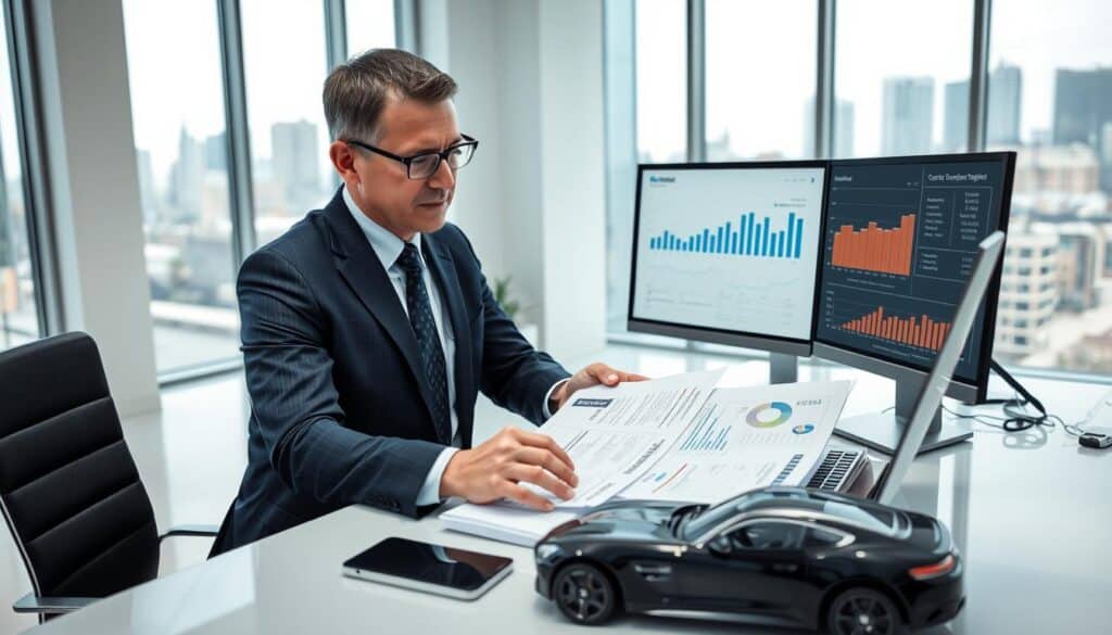 A professional automotive appraiser, dressed in smart business attire, is examining a detailed car evaluation report at a modern office desk. The foreground features the appraiser, a focused middle-aged man with short hair, wearing glasses as he studies the document and keys in data on a laptop. In the middle ground, there's a sleek car model on the desk and a high-tech computer screen displaying graphs and statistics about vehicle valuations. The background shows a well-lit office with minimalist decor, large windows letting in natural light, and a city skyline visible beyond. The overall mood is analytical and professional, conveying a sense of expertise and thoroughness in the valuation process.