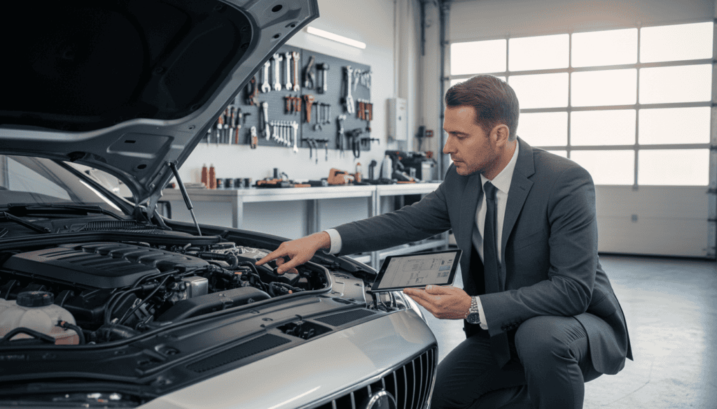 A professional automotive expert, dressed in a smart business suit, meticulously examines a car's engine in a well-lit garage. In the foreground, the expert is crouched beside a sleek sedan, using a digital tablet to take notes. In the middle ground, a clean workbench is visible, with automotive tools and diagnostic equipment neatly organized. The background reveals a bright and modern workshop with tools hanging on the walls and large windows allowing natural light to flood in. The overall atmosphere is one of diligence and professionalism, evoking a sense of trust and expertise in technical assessment. The image is captured from a slightly low angle to emphasize the expert's focused expression while showcasing the intricate details of the car.