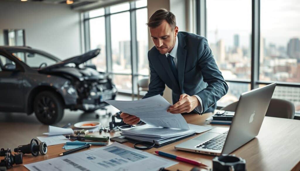 A professional automotive expert, dressed in smart business attire, is meticulously examining a damaged vehicle in an office-like environment. In the foreground, the expert inspects a report on the vehicle's valuation, focusing on details with a magnifying glass. In the middle ground, there is a large table cluttered with various car parts, valuation charts, and a laptop displaying assessment software. The background features a window overlooking a bustling cityscape, with soft natural light illuminating the scene, creating a calm yet focused atmosphere. The image conveys professionalism and precision, perfect for showcasing the role of an automotive expert in the vehicle valuation process. A professional automotive expert, dressed in smart business attire, is meticulously examining a damaged vehicle in an office-like environment. In the foreground, the expert inspects a report on the vehicle's valuation, focusing on details with a magnifying glass. In the middle ground, there is a large table cluttered with various car parts, valuation charts, and a laptop displaying assessment software. The background features a window overlooking a bustling cityscape, with soft natural light illuminating the scene, creating a calm yet focused atmosphere. The image conveys professionalism and precision, perfect for showcasing the role of an automotive expert in the vehicle valuation process.