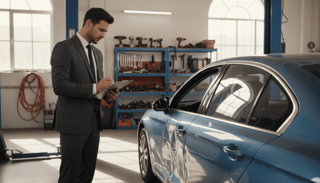 A professional automotive expert examining a car in a well-lit workshop. In the foreground, the expert, wearing a smart business suit, holds a clipboard and is focused on observing the car's damaged side after an accident. In the middle ground, the car, a modern sedan, displays visible dents and scratches, highlighting the need for a technical assessment. Behind them, shelves filled with automotive tools and equipment create a realistic workshop atmosphere. Soft, natural lighting from large windows floods the room, enhancing the mood of careful analysis and expertise. Capture the scene from a slightly elevated angle to provide depth and context to the automotive evaluation process.