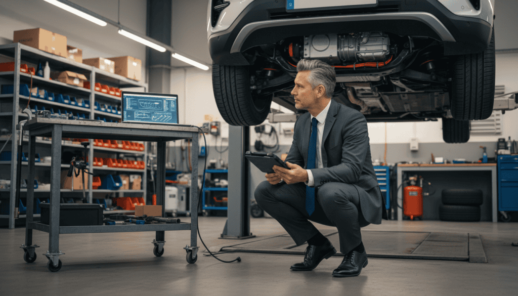 A professional automotive expert in a crisp business suit examines a vehicle in a well-lit workshop. The foreground highlights the expert, intently inspecting the car's undercarriage using a portable inspection tool. In the middle ground, a modern vehicle stands on a lift, revealing its intricate mechanical components, while an open laptop displaying digital reports sits nearby. The background features shelves filled with various auto repair tools and equipment, illuminated by soft overhead lighting that creates a focused and analytical atmosphere. The overall mood conveys diligence and expertise, perfect for illustrating a technical vehicle assessment context.