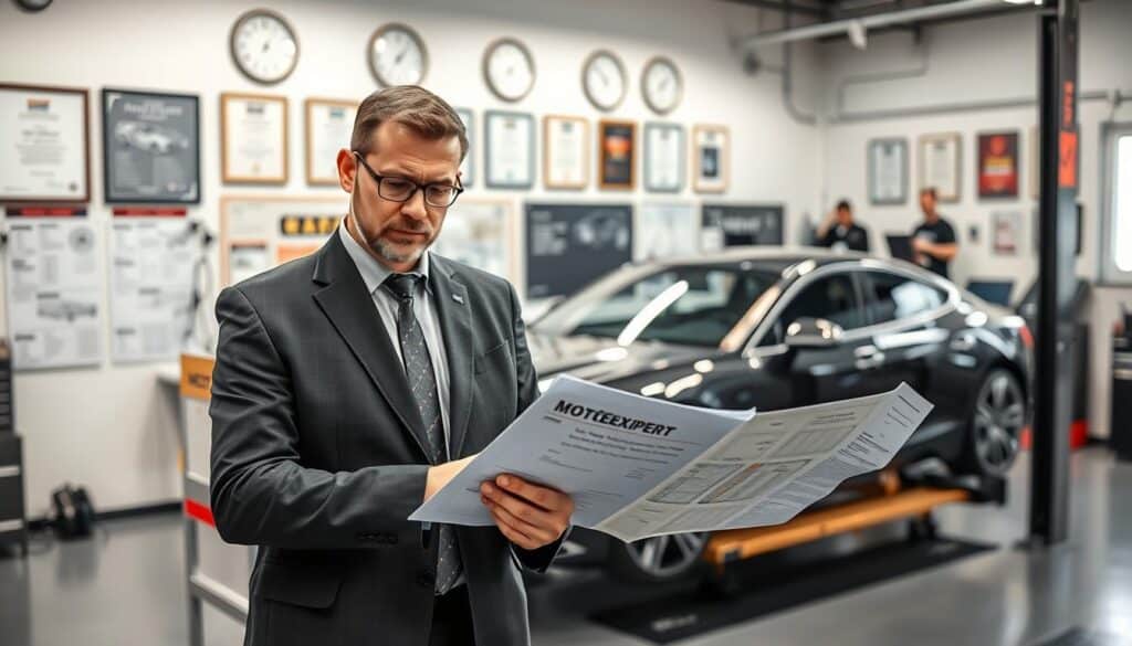 A professional automotive expert, known as "rzeczoznawca MOTOEXPERT," is standing confidently in an office filled with high-tech tools and car schematics. In the foreground, he examines a detailed vehicle appraisal report with a focused expression, wearing smart business attire. In the middle ground, a sleek car is positioned on a lift, illuminated by bright, even lighting that highlights its glossy finish, emphasizing its features. In the background, a wall is adorned with certificates and automotive awards, adding an air of credibility. The overall atmosphere conveys professionalism and trust, ideal for a user review setting. The image is sharp, captured with a slight depth of field to emphasize the expert in focus while softly blurring the background elements.