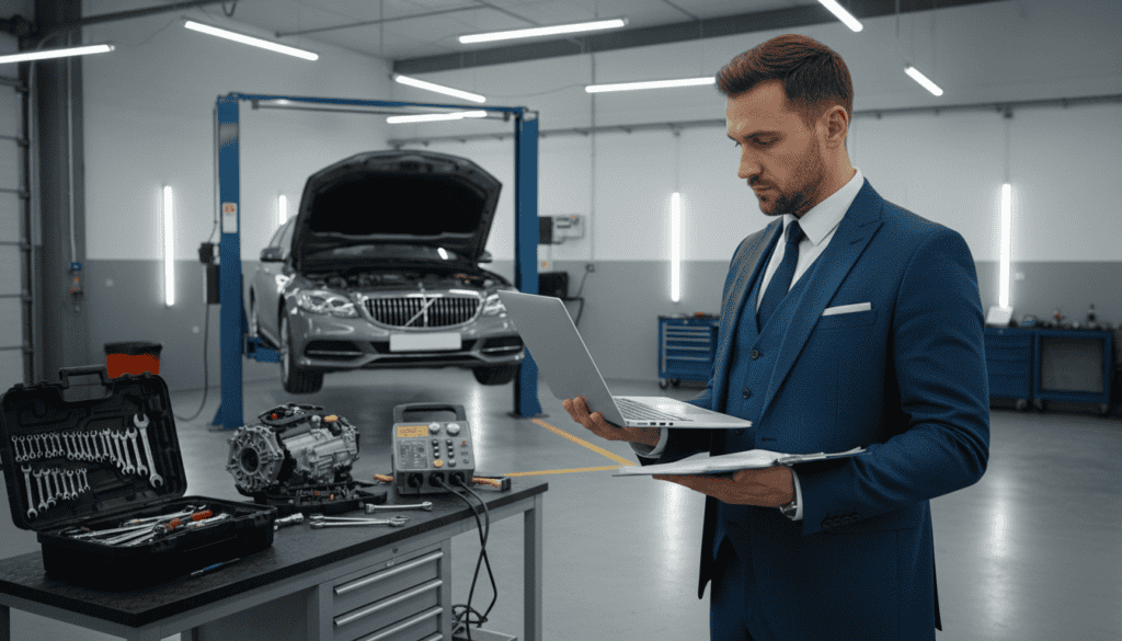 A professional automotive expert stands confidently in an automotive workshop, examining a vehicle on a lift. The foreground features a well-dressed man in a crisp, blue suit, using a laptop and clipboard to analyze technical data. In the middle ground, various tools and parts are neatly arranged, showcasing the intricate details of automotive technology. The background reveals a clean, well-lit garage with overhead LED lighting that casts a bright glow on the polished surfaces, enhancing the sense of professionalism. The atmosphere conveys focus and expertise, emphasizing the importance of technical evaluation for insurance purposes. The angle is slightly elevated, providing a comprehensive view of the scene while maintaining a sharp focus on the expert's engaged expression. A professional automotive expert stands confidently in an automotive workshop, examining a vehicle on a lift. The foreground features a well-dressed man in a crisp, blue suit, using a laptop and clipboard to analyze technical data. In the middle ground, various tools and parts are neatly arranged, showcasing the intricate details of automotive technology. The background reveals a clean, well-lit garage with overhead LED lighting that casts a bright glow on the polished surfaces, enhancing the sense of professionalism. The atmosphere conveys focus and expertise, emphasizing the importance of technical evaluation for insurance purposes. The angle is slightly elevated, providing a comprehensive view of the scene while maintaining a sharp focus on the expert's engaged expression.