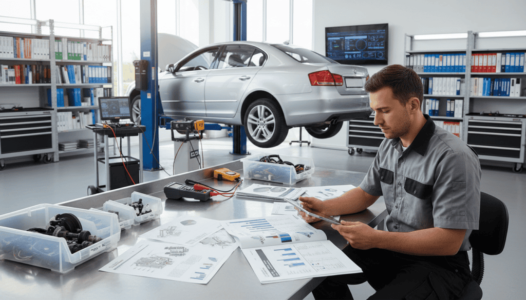 A professional automotive technician conducting an independent vehicle assessment in a well-lit, modern workshop. In the foreground, the technician, dressed in a smart uniform, examines detailed documents and reports on a table that displays various technical diagrams and vehicle parts. The middle ground features a car on a lift, surrounded by diagnostic tools and equipment, all arranged neatly. In the background, soft natural light floods through large windows, illuminating shelves stocked with automotive literature and manuals. The atmosphere conveys a sense of professionalism and focus, highlighting the importance of thorough technical evaluations while maintaining a clean, organized workspace. The image captures the technical intricacies and documentation involved in an independent vehicle assessment.
