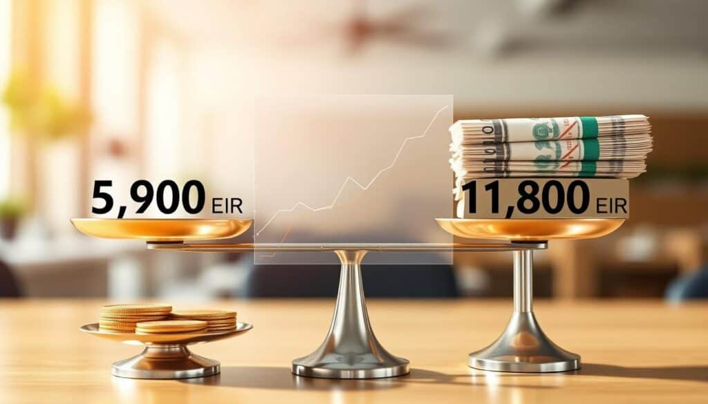 A professional comparison graphic showcasing two distinct monetary values: 5,900 EUR and 11,800 EUR, represented through vivid visual elements. In the foreground, elegant scales balanced with one side displaying gold coins representing 5,900 EUR, while the other side has a stack of bills indicating 11,800 EUR. The middle ground features a transparent chart overlay, illustrating a clear comparison of the two amounts with subtle gradients. In the background, a soft-focus office environment suggests a business atmosphere with neutral tones. Warm, natural lighting enhances the clarity of the foreground elements, creating a professional and informative mood. The angle is slightly above eye level to capture both the scales and the chart effectively, ensuring a clean and engaging visual presentation.