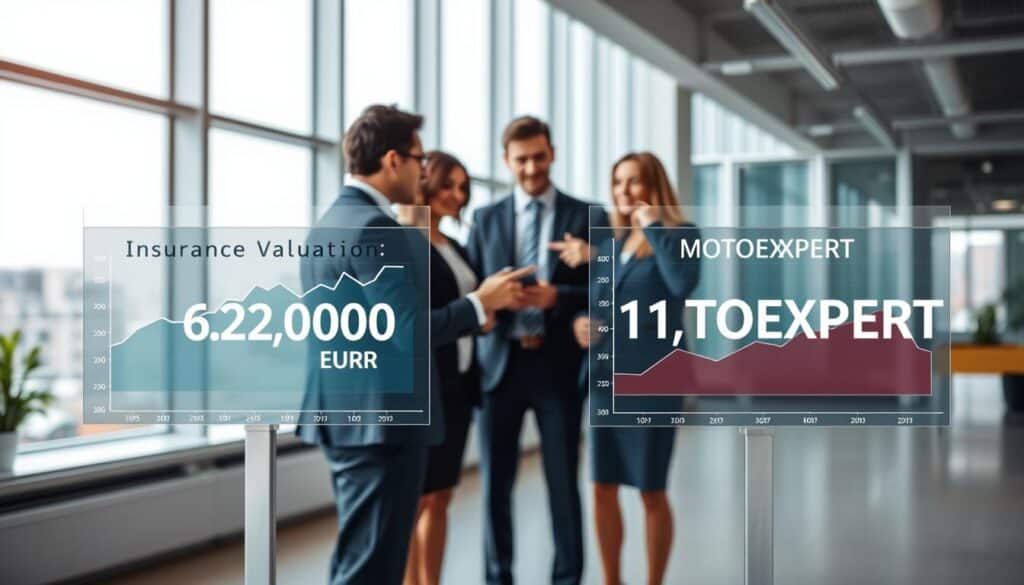 A professional comparison of two differing valuations in the insurance industry, illustrated visually. In the foreground, display two detailed charts or graphs, one representing "Insurance Valuation: 6,200 EUR" and the other "MOTOEXPERT: 11,400 EUR," each with contrasting colors and styles for clarity. In the middle ground, include a group of diverse business professionals in business attire, engaged in discussion and pointing to the charts, reflecting analysis and collaboration. The background features a modern office space with large windows allowing natural light to flood in, creating a bright and professional atmosphere. The overall mood should be analytical and insightful, capturing the essence of evaluating and contrasting financial information. No text or watermarks should be present.