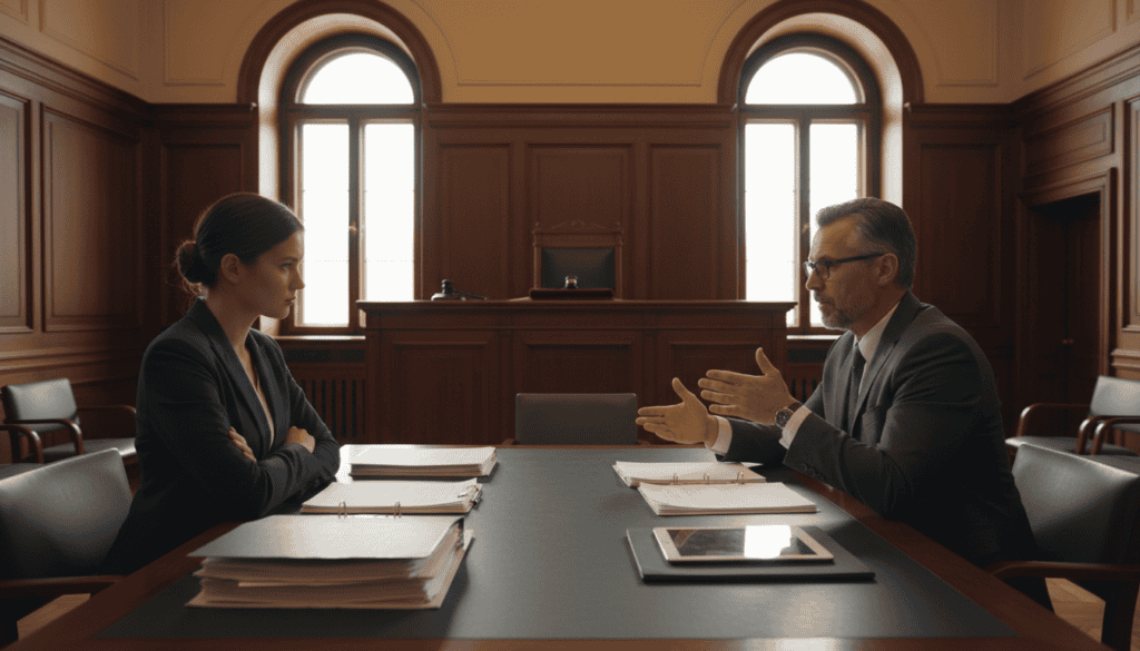 A professional courtroom scene depicting judicial mediation, featuring a diverse group of individuals in business attire engaged in a discussion. Foreground: a mediator, a middle-aged man with glasses, sitting at a desk with legal documents spread out, gesturing thoughtfully. Middle ground: two parties, a young woman and an older man, facing each other with serious expressions, contemplating the mediator's proposals. Background: a courtroom setting, with wooden paneling, a gavel on the bench, and soft overhead lighting creating a warm atmosphere. The mood should convey seriousness and professionalism, highlighting the importance of resolving conflicts and disputes. Use a wide-angle lens for a comprehensive view of the setting.