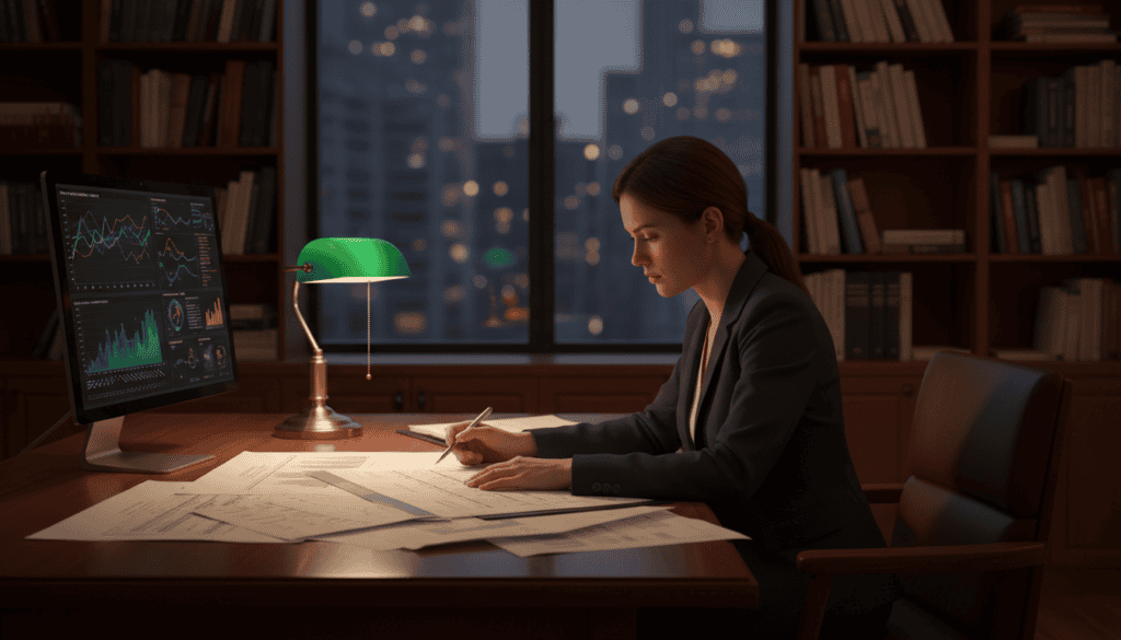 A professional, dimly lit office environment showcasing a focused analysis of technical documents. In the foreground, a well-dressed female expert, wearing a tailored suit, meticulously examines a stack of opened reports and schematics on her desk, illuminated by a soft desk lamp. The middle layer features a large screen displaying graphs and analytical data, hinting at advanced technical review procedures. In the background, bookshelves filled with reference materials and a large window revealing a city skyline add depth to the scene. The atmosphere conveys a sense of diligence and professionalism, with a warm color palette that invites concentration and inquiry. The image captures the essence of an independent analysis process without any text or distractions.