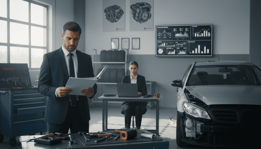 A professional inspection scene set in a well-lit automotive workshop, showcasing a team of two experts in business attire analyzing a damaged vehicle. In the foreground, a focused male expert holding a detailed report, with tools and equipment neatly arranged around him. In the middle ground, a female expert using a laptop to document findings, surrounded by technical measuring instruments and a digital display showing data analysis. The background features a clean, organized workspace with automotive posters and safety certifications on the walls. Soft natural light streaming through a window enhances the serious yet collaborative atmosphere, conveying professionalism and attention to detail, ideal for illustrating technical expertise in claims assessment. A professional inspection scene set in a well-lit automotive workshop, showcasing a team of two experts in business attire analyzing a damaged vehicle. In the foreground, a focused male expert holding a detailed report, with tools and equipment neatly arranged around him. In the middle ground, a female expert using a laptop to document findings, surrounded by technical measuring instruments and a digital display showing data analysis. The background features a clean, organized workspace with automotive posters and safety certifications on the walls. Soft natural light streaming through a window enhances the serious yet collaborative atmosphere, conveying professionalism and attention to detail, ideal for illustrating technical expertise in claims assessment.