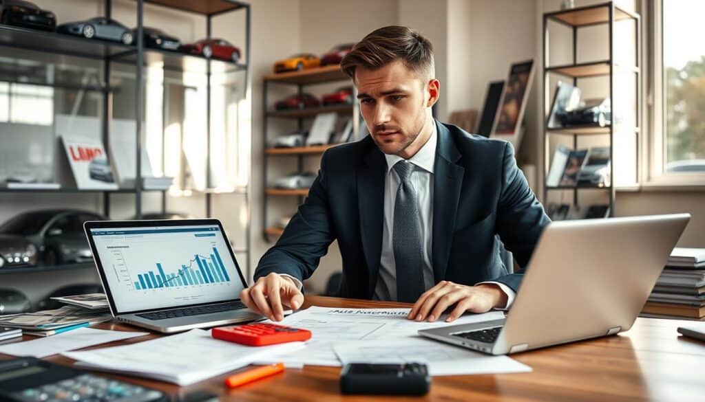 A professional insurance agent in a smart suit is sitting at a desk covered with car insurance documents, calculators, and a laptop displaying graphs. The agent looks thoughtful, reviewing data to provide practical advice to car owners. In the background, there are shelves filled with car models and insurance brochures, contributing to an office atmosphere. Soft, natural lighting pours in from a nearby window, creating a warm and welcoming environment. The angle is slightly above eye level, providing a clear view of the agent's focused expression and the organized workspace. This image captures the essence of expert advice and reliability around car insurance valuation, suitable for conveying insights to vehicle owners. A professional insurance agent in a smart suit is sitting at a desk covered with car insurance documents, calculators, and a laptop displaying graphs. The agent looks thoughtful, reviewing data to provide practical advice to car owners. In the background, there are shelves filled with car models and insurance brochures, contributing to an office atmosphere. Soft, natural lighting pours in from a nearby window, creating a warm and welcoming environment. The angle is slightly above eye level, providing a clear view of the agent's focused expression and the organized workspace. This image captures the essence of expert advice and reliability around car insurance valuation, suitable for conveying insights to vehicle owners.