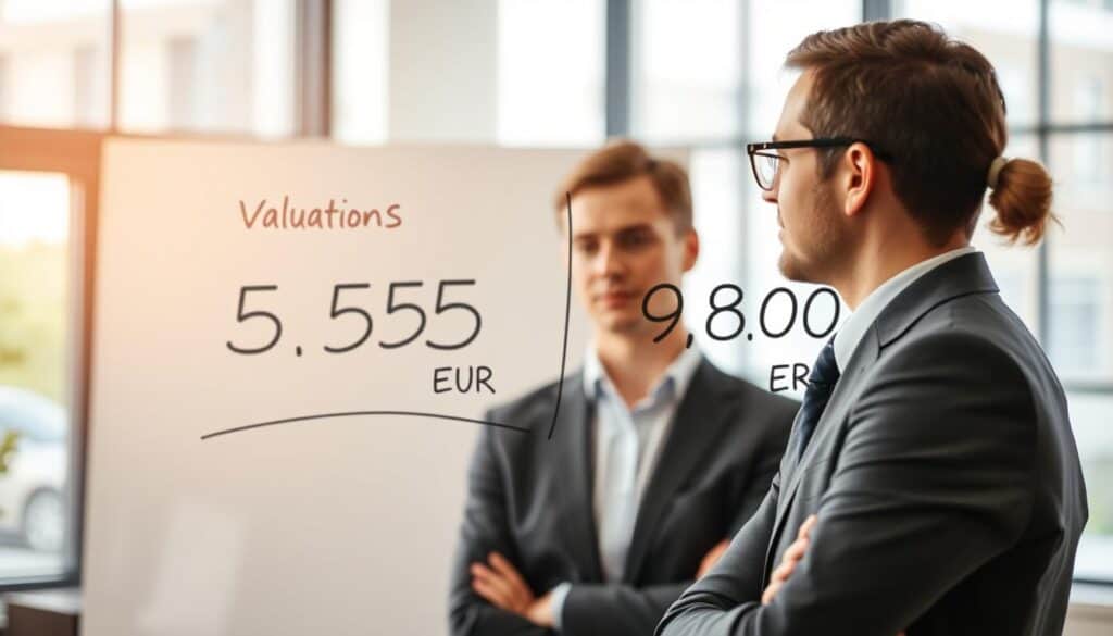 A professional insurance assessment scene showcasing two contrasting valuations prominently displayed on a whiteboard or digital screen. In the foreground, focus on a confident insurance expert dressed in smart business attire, discussing the figures with a client. In the middle ground, the numbers "5,555 EUR" and "9,800 EUR" are visually represented in a clear, impactful manner—perhaps as part of a comparative chart or graph. The background features an office environment with soft, natural lighting filtering through large windows, creating a calm atmosphere. The scene should evoke a sense of professionalism, clarity, and thorough analysis in the insurance sector, emphasizing both valuation outcomes in an engaging, informative way.