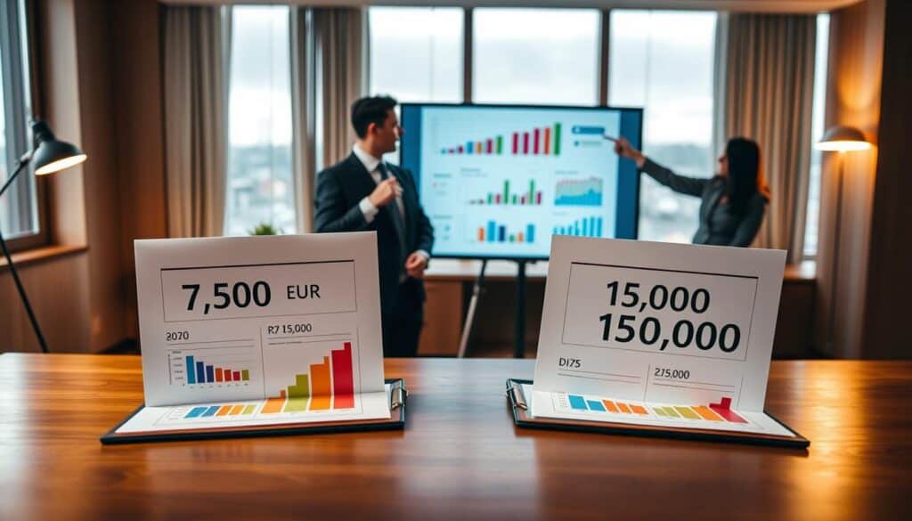 A professional insurance office environment showcasing a comparison of insurance valuations. In the foreground, a neatly arranged wooden desk displays two distinct folders labeled “7,500 EUR” and “15,000 EUR.” Each folder is open, revealing charts and graphs illustrating the advantages and disadvantages of each valuation, with vibrant colors for emphasis. In the middle ground, a business professional in formal attire is analyzing the documents thoughtfully, while another colleague points at a digital presentation on a screen, illustrating key differences. The background features a large window allowing natural light to flood the room, enhancing the atmosphere of professionalism and clarity. Warm lighting accents the overall mood, conveying a sense of analysis and decision-making.
