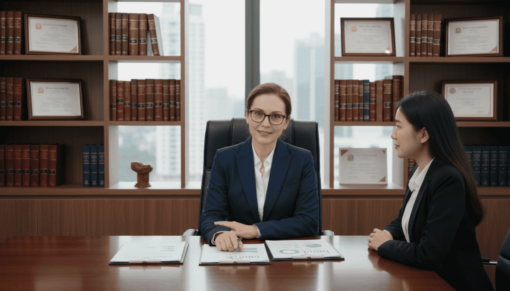 A professional lawyer in a modern office environment, seated at a sleek wooden desk, looking confidently at a client. The lawyer, a middle-aged person in a tailored navy suit with glasses, is gesturing towards legal documents spread on the desk, indicating their expertise. In the background, bookshelves lined with law books and framed accomplishments add depth, with a large window allowing natural light to create an inviting atmosphere. The mood is supportive and reassuring, emphasizing the importance of legal assistance in compensation cases. The scene is captured from a slightly elevated angle, using soft lighting to highlight the subjects and maintain a professional ambiance.