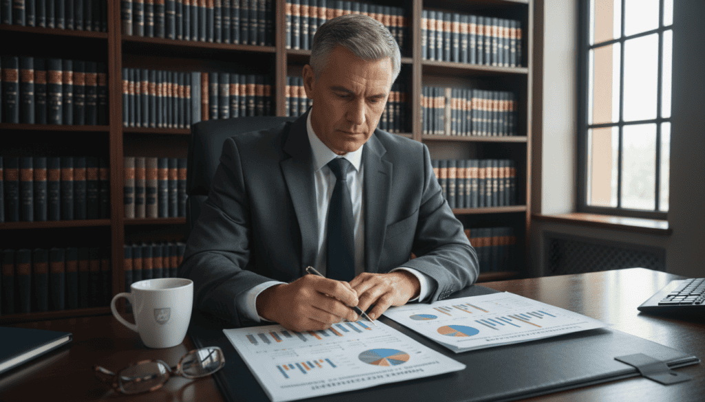 A professional legal setting focused on insurance compensation, showcasing a well-organized office workspace. In the foreground, a polished wooden desk holds an open legal document with detailed charts and graphs related to compensation standards. A coffee cup and a pair of spectacles rest beside it. In the middle ground, a focused professional in business attire, a middle-aged man, is examining the document closely, with a concentrated expression. The background features tall bookshelves filled with legal texts and a large window allowing soft natural light to illuminate the space. The atmosphere is serious and analytical, with a hint of urgency, reflecting the importance of technical expertise in the compensation process. The overall composition emphasizes professionalism and clarity in legal practices.