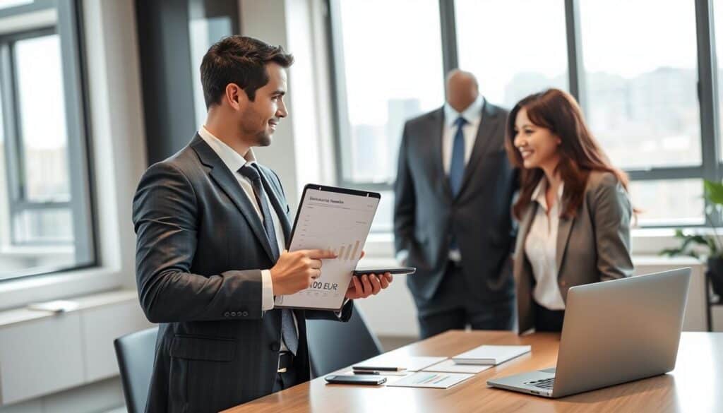 A professional, modern office environment with a focus on insurance valuation. In the foreground, a confident insurance agent in formal business attire, holding a document labeled "6 100 EUR" while discussing with a satisfied client. The agent is gesturing towards a digital tablet displaying graphs and comparisons. In the middle ground, a sleek desk with branded materials and a laptop is visible. In the background, large windows allow natural light to flood the room, adding a sense of professionalism and clarity to the atmosphere. The mood is focused and optimistic, reflecting the decision-making process in choosing an insurance provider. The lighting is bright yet soft, enhancing the sense of trust and reliability.