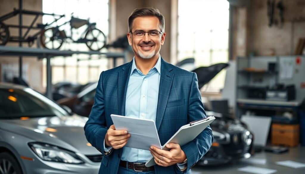 A professional motor expert, depicted as a middle-aged Caucasian man in a smart business suit, stands confidently in an office setting, showcasing his expertise with a clipboard in one hand and a digital tablet in the other. Behind him, a detailed backdrop of car parts and insurance documents creates an engaging environment. Soft, diffused lighting filters in through large windows, casting gentle shadows that enhance the professionalism of the scene. The camera angle is slightly low, giving an authoritative perspective. The atmosphere conveys trust and reliability, highlighting the critical choice of an expert valuator in automotive insurance. The color palette is composed of blues and greys to reinforce a sense of professionalism and clarity.